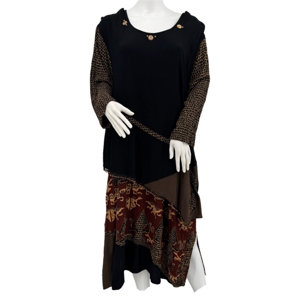 Vintage WE BE BOP 3XL Maxi Dress Black Brown Boho Lagenlook Earthy Art to Wear